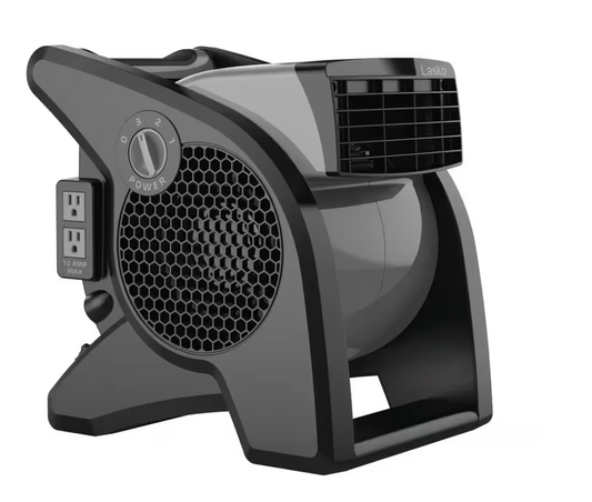 Lasko 11.2 in. 3 Speeds Blower Fan in Gray with Carry Handle, Circuit Breaker, Power Outlets, High Velocity Utility Pivoting