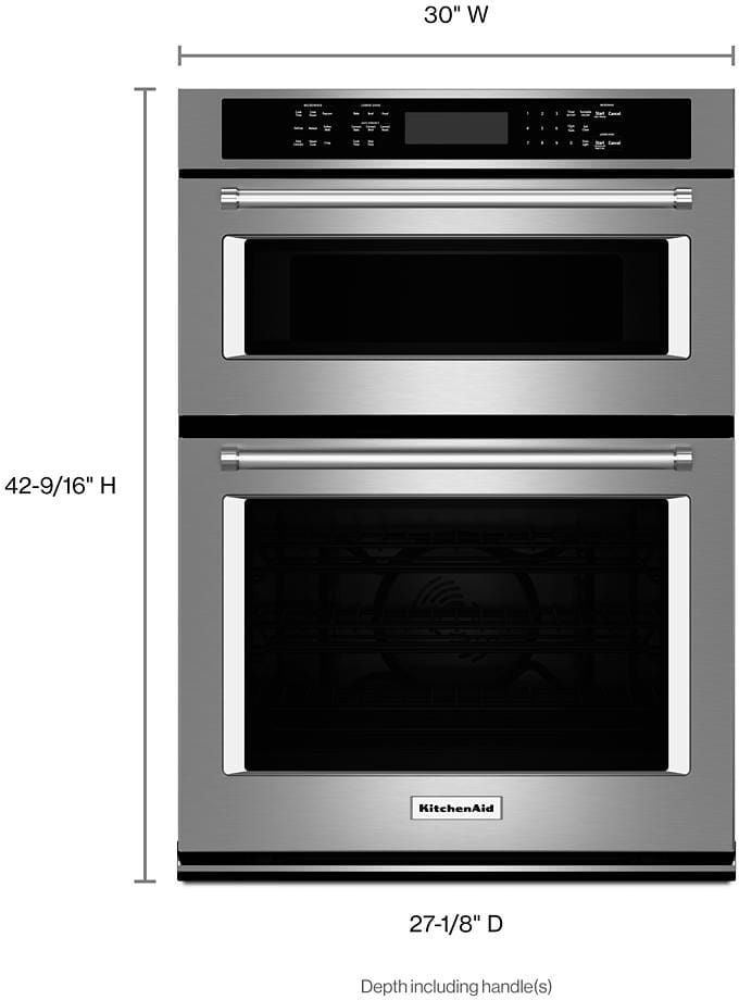 KitchenAid KOCE500ESS 30 Inch Double Combination Electric Wall Oven with 6.4 cu. ft. Total Capacity, Self-Clean Oven, EasyConvect™ Conversion System, Crispwave™ Microwave Technology, Temperature Probe, and FIT System Guarantee: Stainless Steel