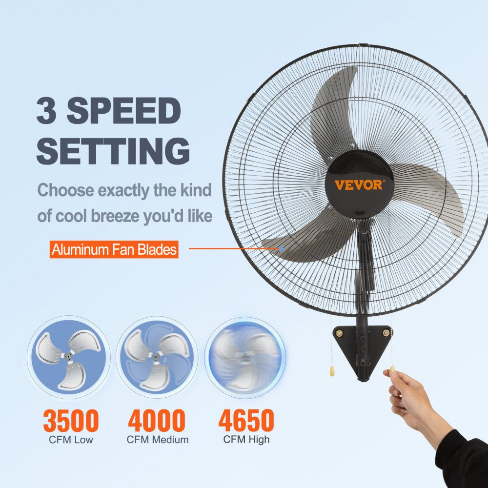VEVOR Wall Mount Fan 20 in. 3-speed High Velocity Max. 4650 CFM Oscillating Industrial Wall Fan for Warehouse