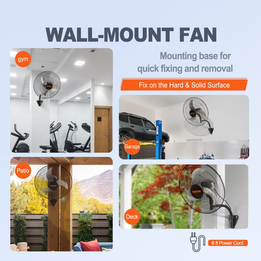 VEVOR Wall Mount Fan 20 in. 3-speed High Velocity Max. 4650 CFM Oscillating Industrial Wall Fan for Warehouse